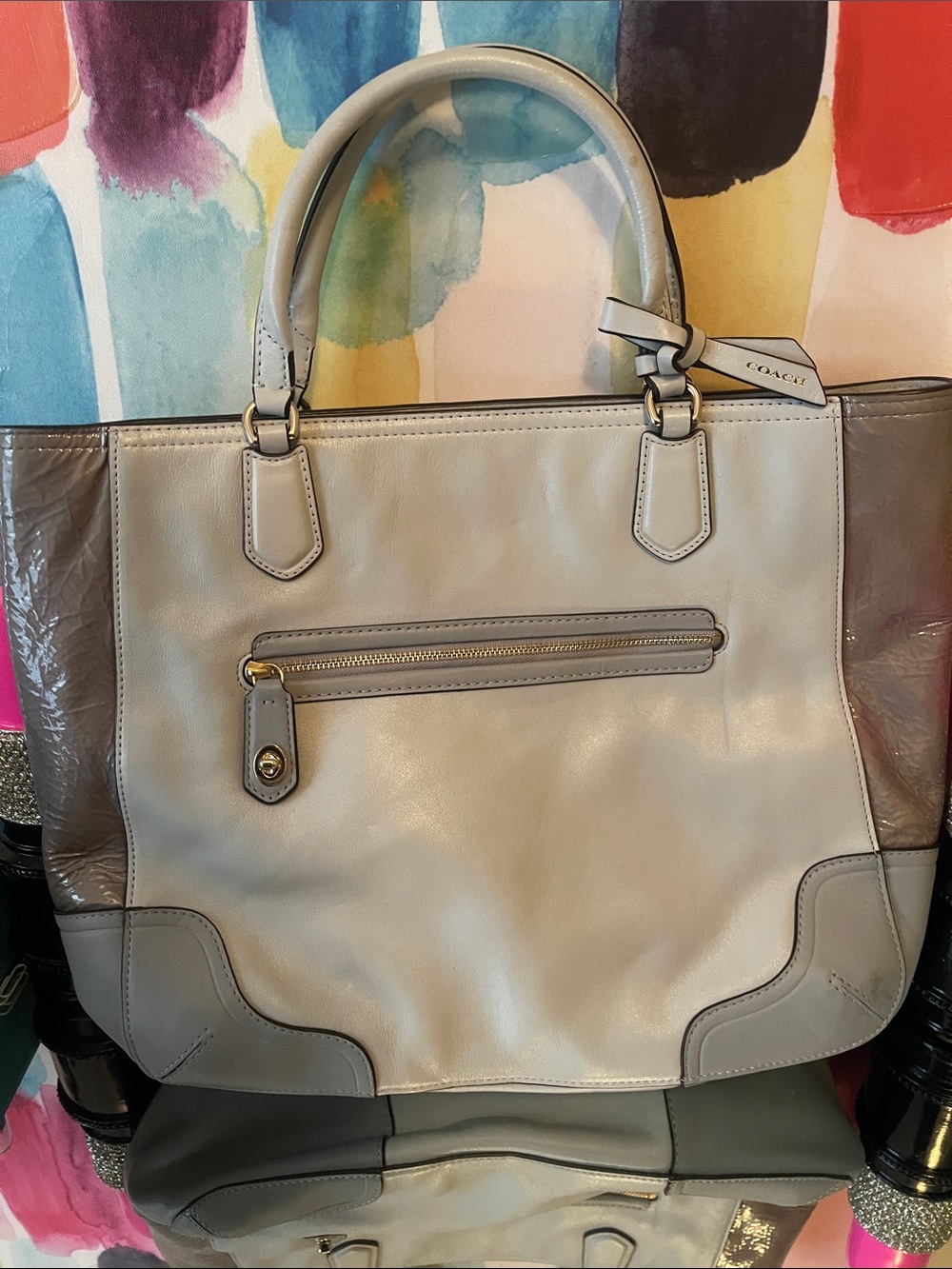 Coach Two-Tone Light Gray Leather Tote with Dual Handles